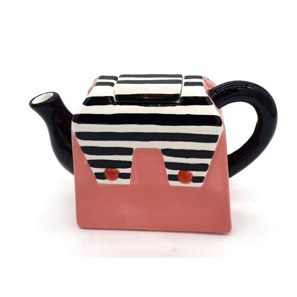 Vintage Alcoa Collectible Ceramic Pink Black/White Stripe Handbag Shaped Teapot - Picture 1 of 8